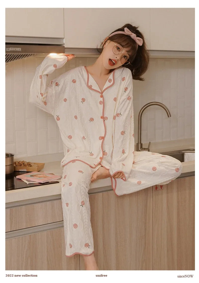 Women's Sweet Ruffle Pajamas Set Long Sleeve Top And Long Pants Sleepwear 2 Piece Set For Women Korean Casual Home Loose Pajamas