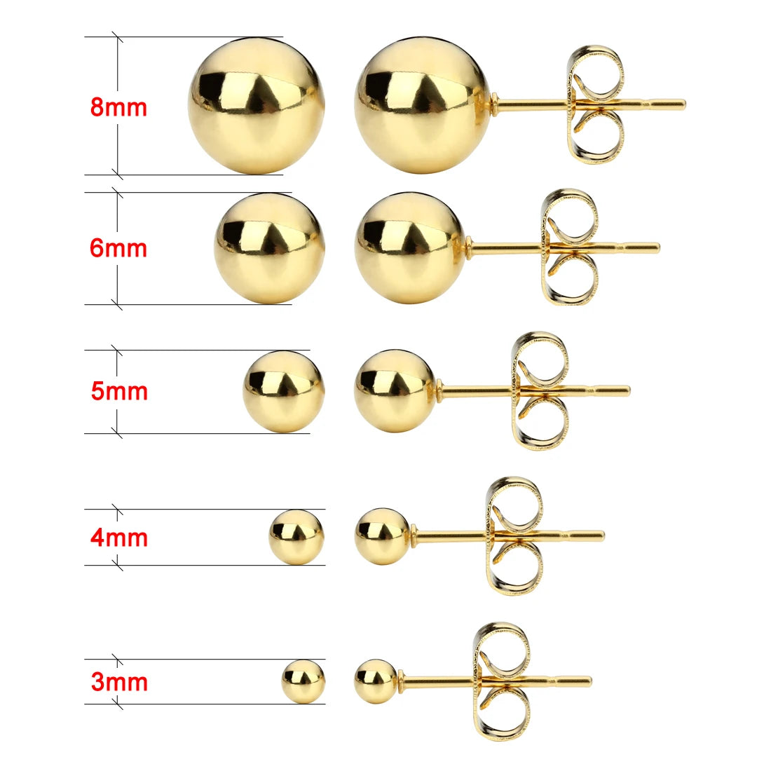 5pair/lot Stainless Steel Ball Studs Earrings Fastnes Ear Post For Women Men 3-8mm Ball Dia Earring Pin Jewelry Wholesale