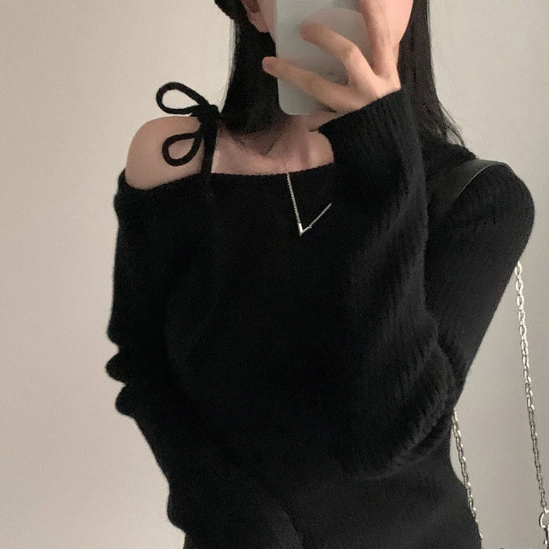 Fall Niche Temperament Irregular Slant Neck Off Shoulder Tie Bowknot Pullover Korean-Chic Long Sleeve Knitted Sweater