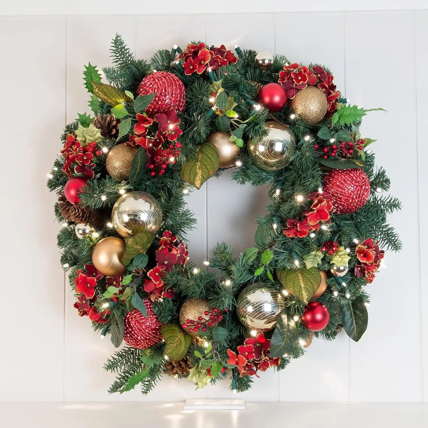 [30 Inch Artificial Christmas Wreath]- Scarlet Hydrangea Collection -Red and Gold Decoration -Pre Lit with 50 Warm Clear Colored