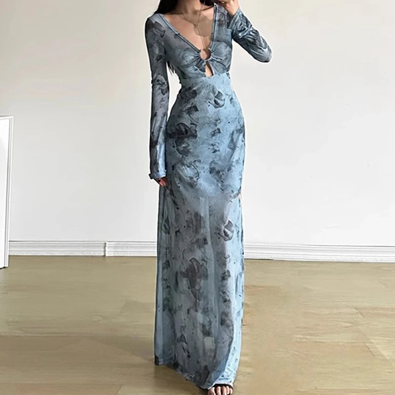 Syiwidii Vintage Printing Women Bodycon Dress Mesh See Through Hollow Out V Neck Long Sleeve Dress Beach Vacation Simple Dresses