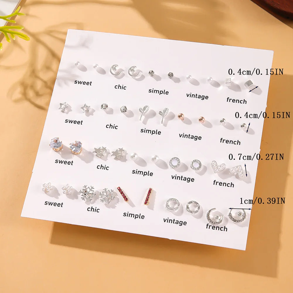 Cross-border Simple 20 Pairs of White Pearl Mini Stud Earrings Set, Hollow Love Heart Snowflake Earrings for Women