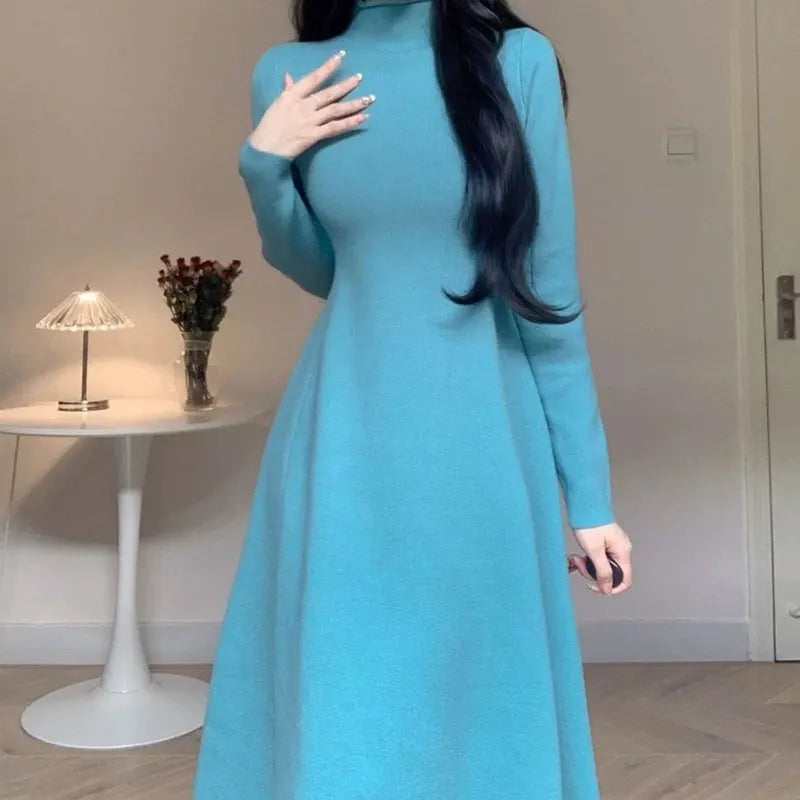 Solid Half High Collar Long Sleeve Jersey Dress Loose Casual Sweat All Match A-line Skirt Elegant Fashion Harajuku Wool Dress