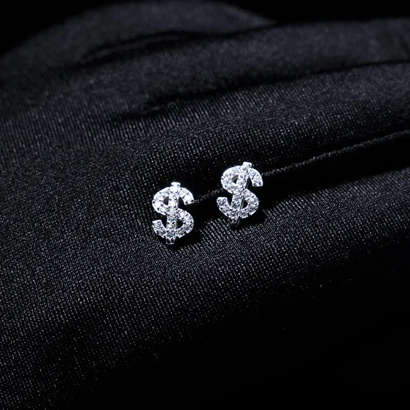 American Full Zircon US Dollar Letter Earrings for Men Women Super Sparkling Hip-Hop Ear Stud Trend 925 Sterling Silver Jewelry