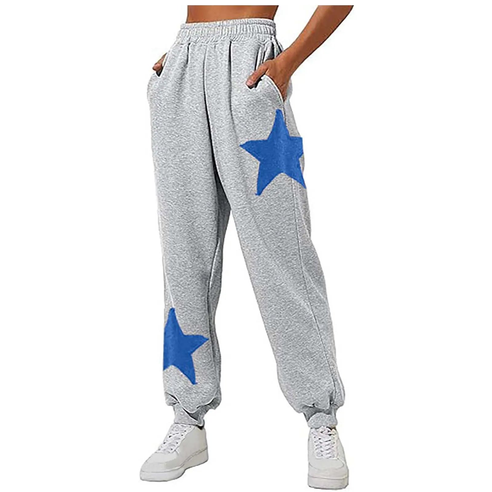 Women'S Casual Fashion Star Print Sweatpants Solid Color Drawstring Pocket Sports Pants High Waist Straight Long Winter Trouser