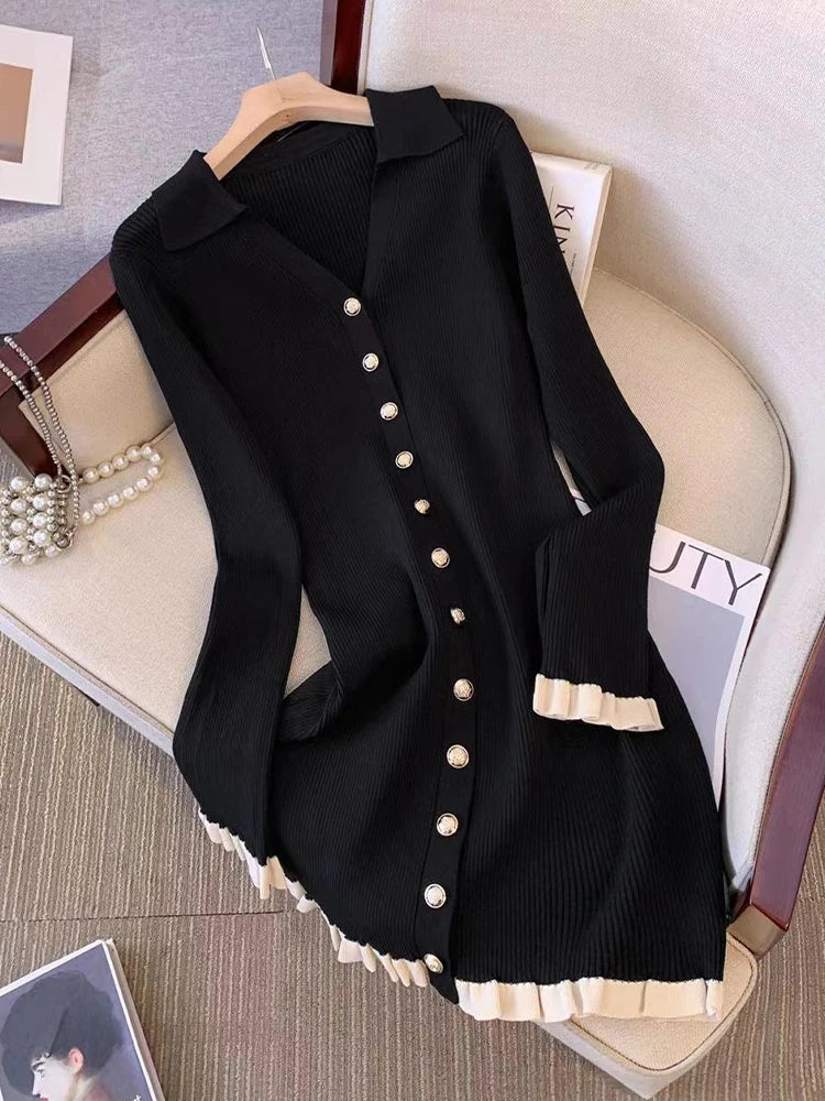 Autumn Winter French Fashion Old Money Long Sleeve Knit Dress Women 2000s V-Neck Frock Mini One-Piece Vintage Coquette Elegant