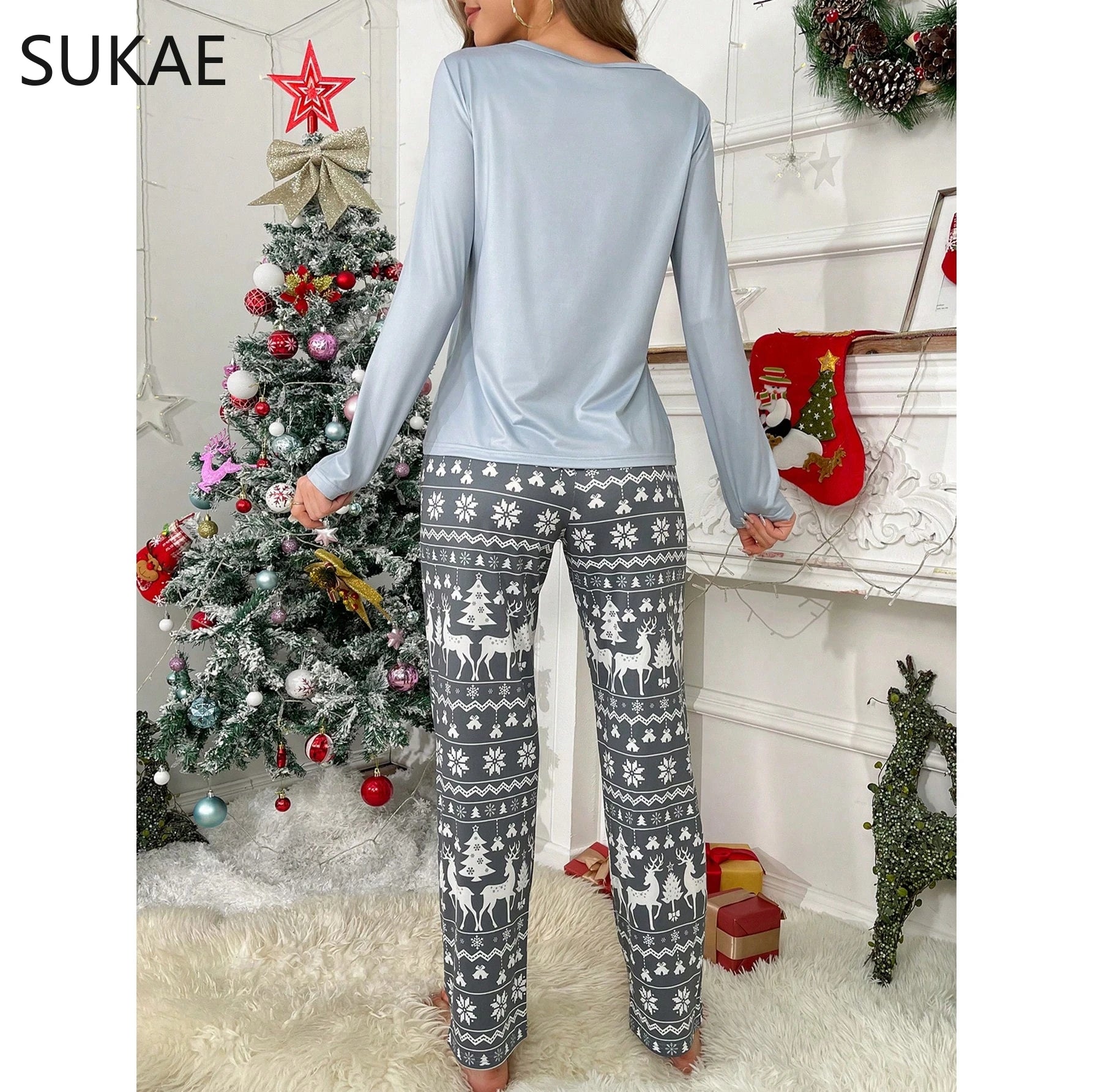 SUKAE HOT Christmas Trees Autumn Women Pajamas Set Long Sleeves Full Pants Pijama Spring Milk Silk Sleepwear Loungewear Girl Pjs