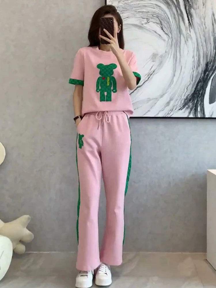 New Cartoon Cotton Pajamas for Women Long Pants Short Sleeved Sleepwear Summer Spring Loungewear Fashion Home Clothing Homewear