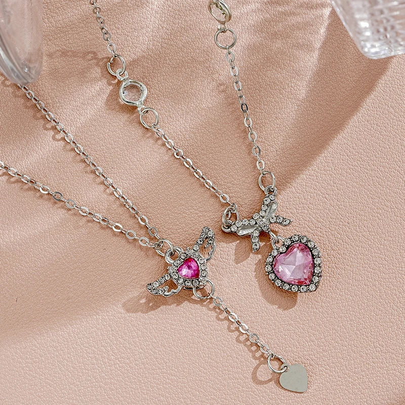 Crystal Angel Wings Heart Pendant Necklaces Set Ladies Girl Simple Y2K Pink White Zircon Love Elegant Necklace Women Jewelry Set