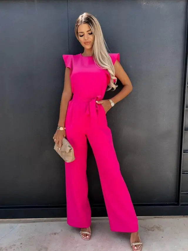 Summer Temperament Commuting Pleated Lace Up Jumpsuit Fashionable Rose Red Round Neck Short Sleeved Jumpsuit Women's Jumpsuit