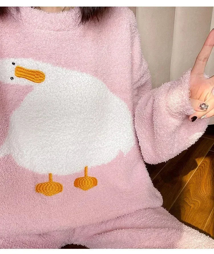 For Cute Flannel Velvet O-neck Women Clothes Pijamas Winter Home Clothing Comfortable Duck Fashion Pajamas Set Casual