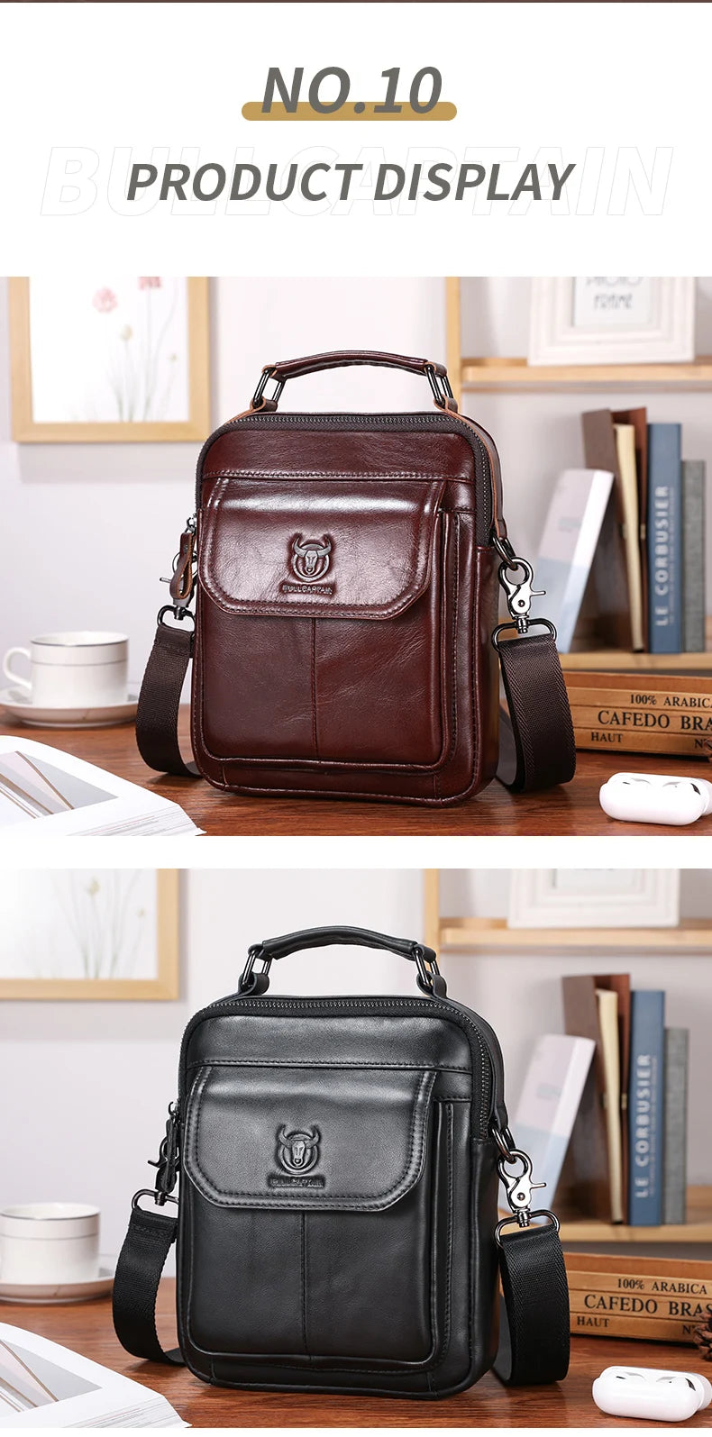 BULLCAPTAIN Men's Genuine Leather Shoulder Bag Multifunctional 7.9-inch Tablet Handbag Retro Casual Crossbody Bag Cowhide