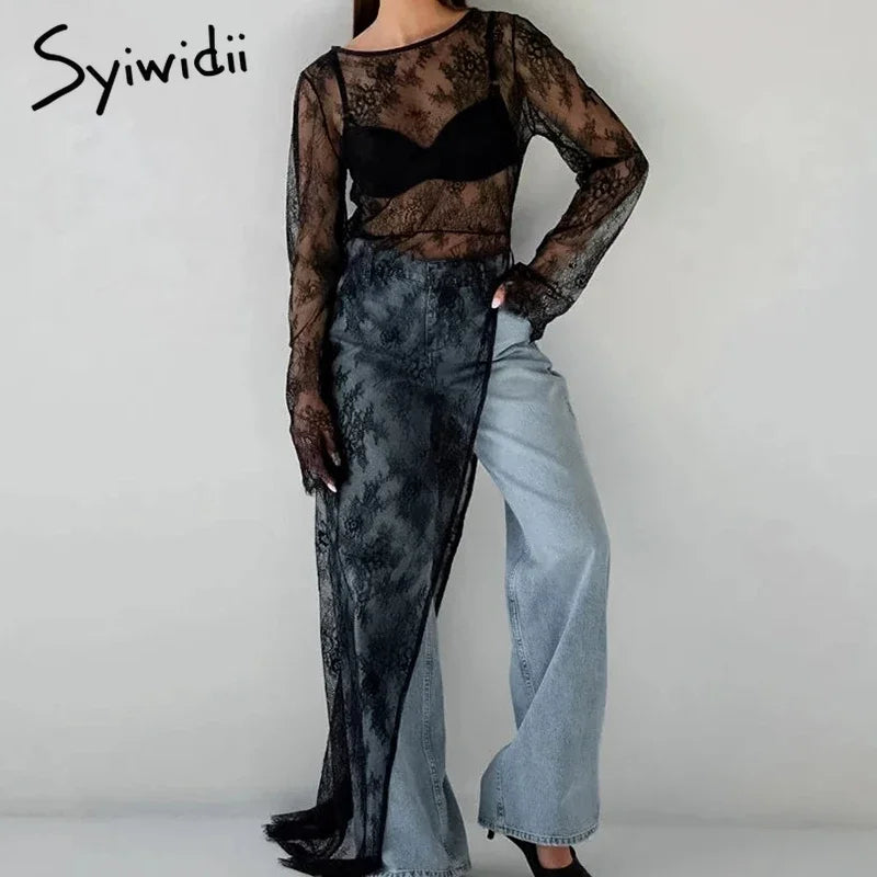 Syiwidii Sexy See Through Long Blouses Women Chic Lace O Neck Long Sleeve Side Slit Irregular Pullover Top Party Club Streetwear