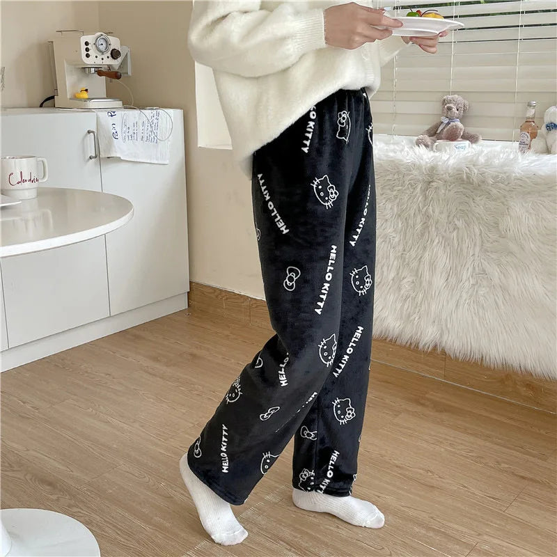 Kawaii Hello Kitty Pajamas Black Anime Flannel Women Warm Woolen Whitecartoon Casual Home Pants Autumn Fashion Trousers Gifts