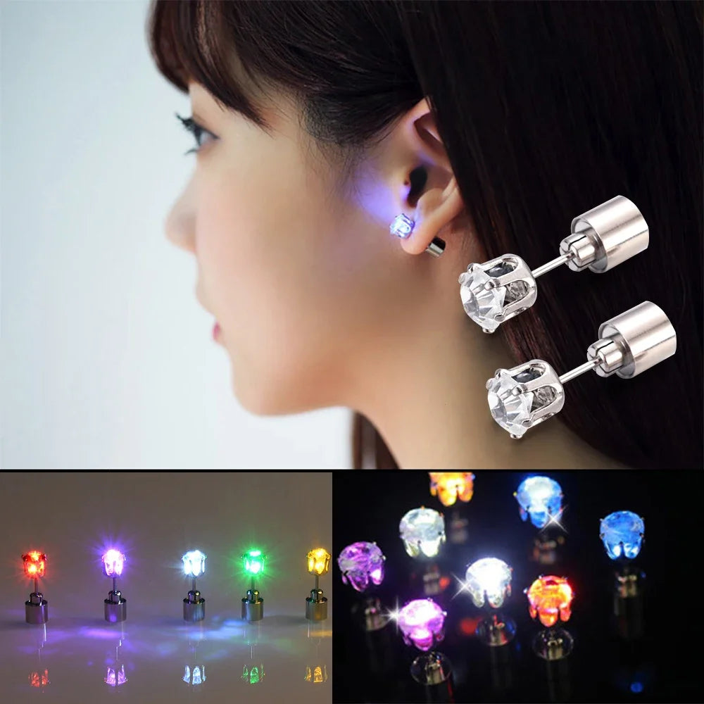 2PCS Colorful LED Luminous Studs Square Zircon Earrings Men Women Bar Rave Wedding Party Ear Stud Jewelry Glowing Earring