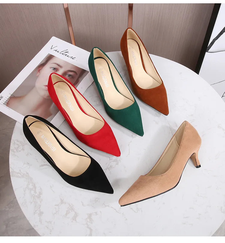 Low Heel Pumps Lady Pointed Toe Kitten Heels Female Green Flock Plus Size 43 44 45 46 Red Shoes 2023 Women 5cm High Heels