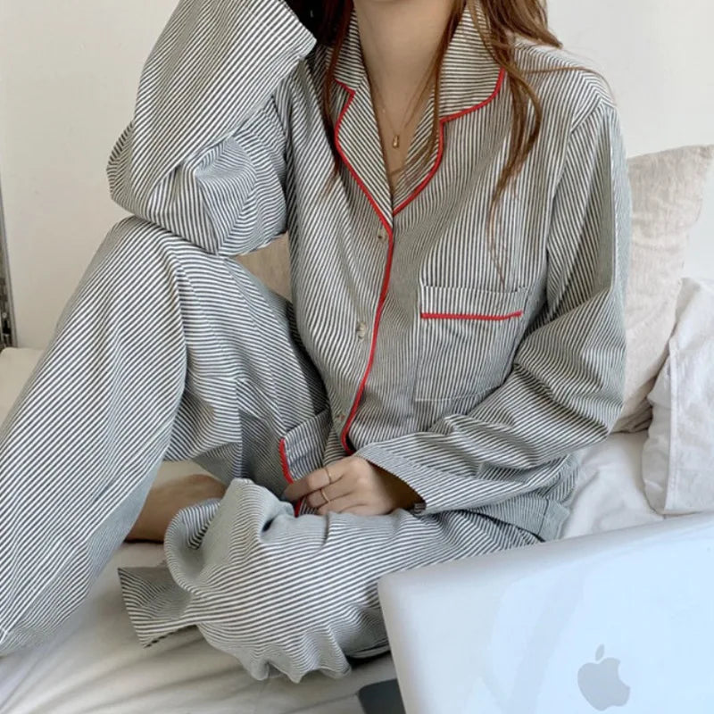 Korean Fashion Striped Leisure Wear Pajama 2 Piece Set Women Nightgown Cosplay Sexy Pajama 2024 New Autumn Winter Pajama Sets