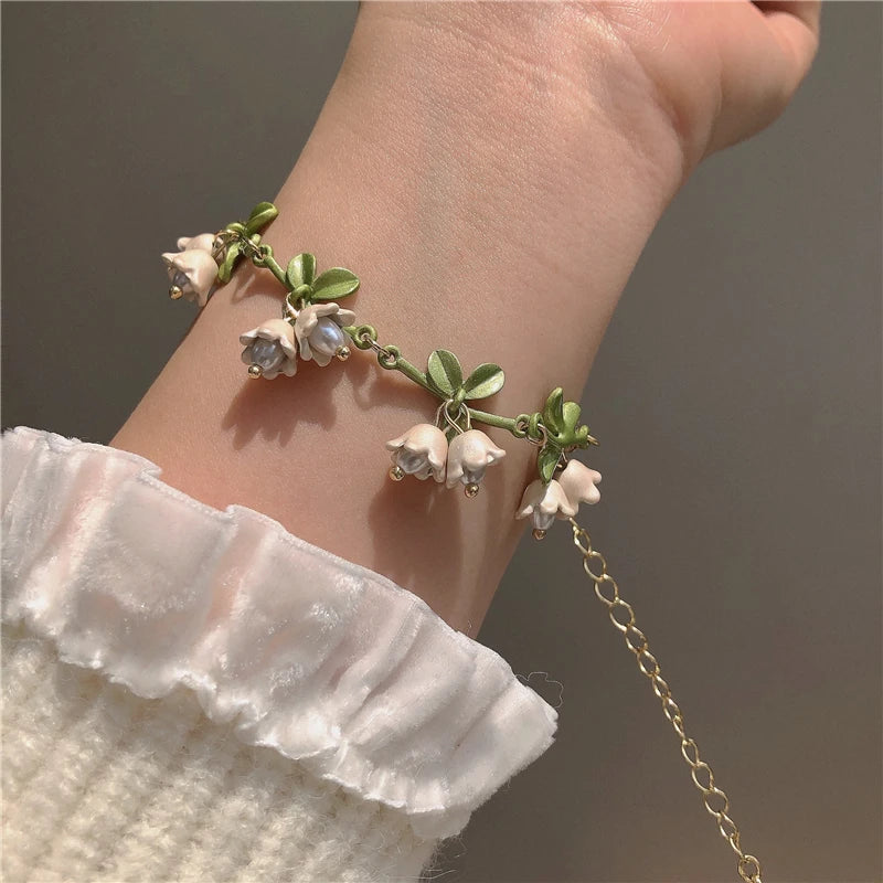 4PCS/Set Romantic White Flower Pearl Jewelry Set Lily of The Valley Vintage Earrings Necklace Bracelet for Women Gift Bijoux