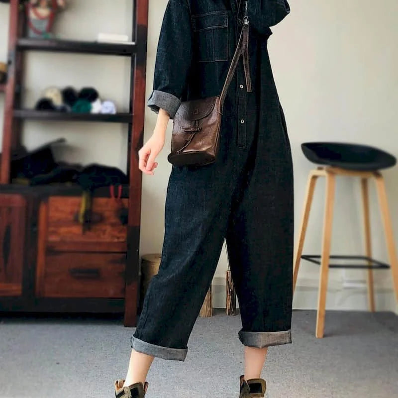 Oversized Denim Jumpsuit Suit Women Blue Denim Long Sleeve Playsuits High Waist New Fashion Tops Casual One Piece Outfit Women