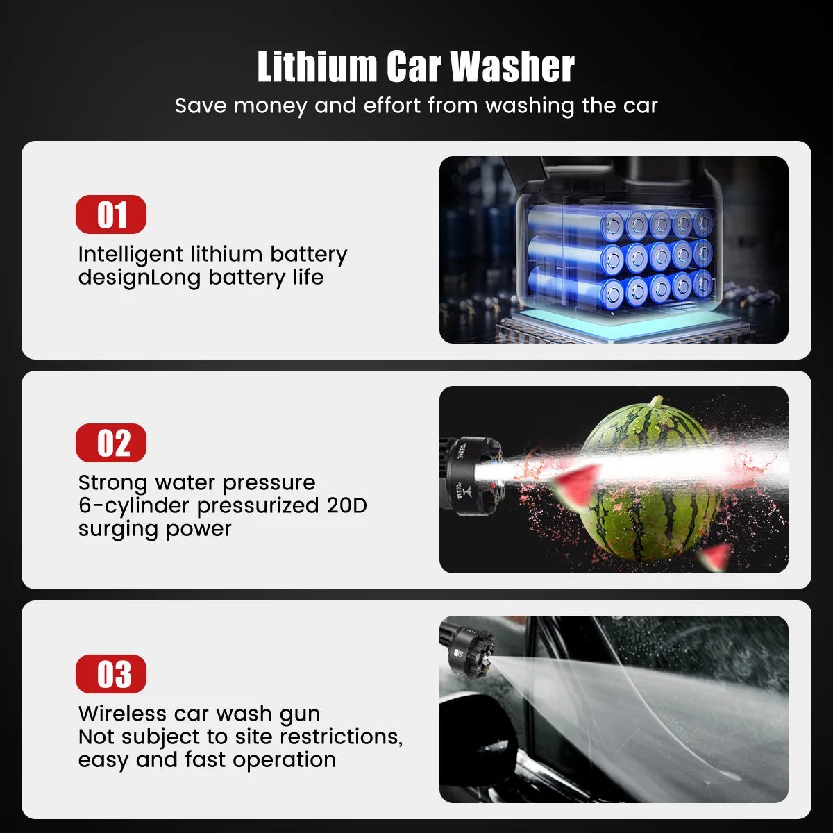 100Bar 6-in-1 30000mAh 500W Cordless Car Washer Spray Water Gun 0/1/2 Battery Washing Cleaning Machine