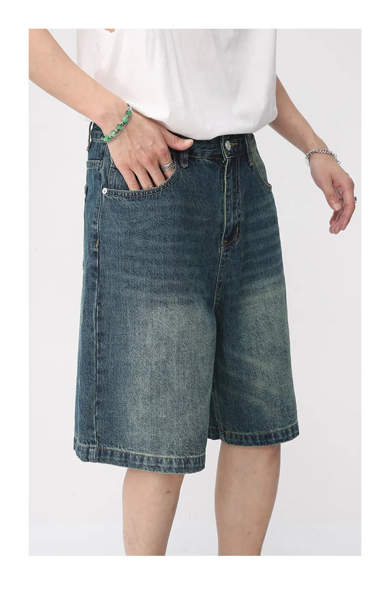 Men Summer Denim Shorts New Korean Loose Vintage Fashion Wash Casual Over Knee Capris Straight Leg Pants