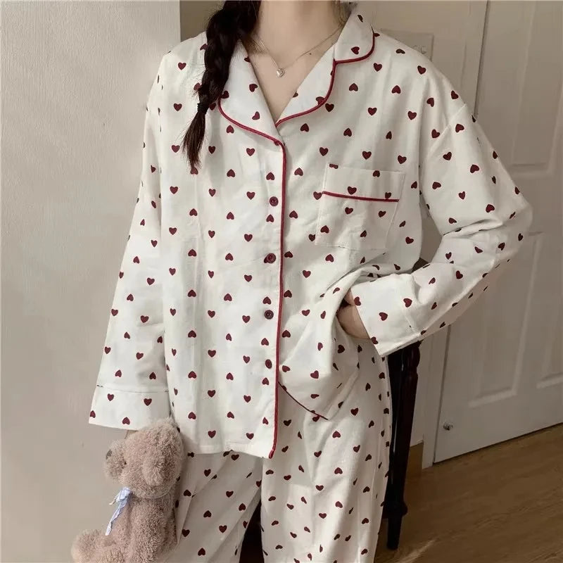 Large Size Sexy Nightwear Women Sleepwear Autumn and Winter Cardigan Home Wear Peach Heart Long Sleeves School Silk Pajamas