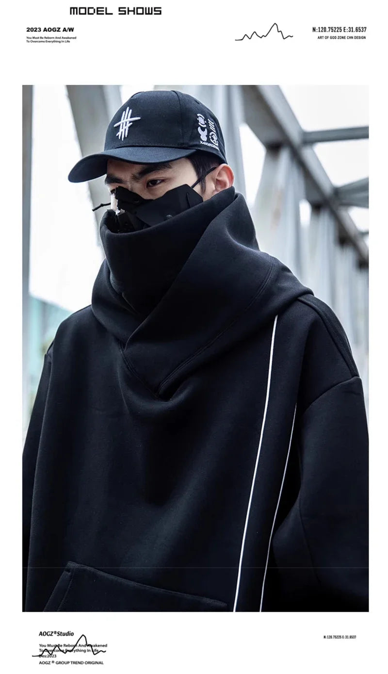 Autumn Windbreaker Turtleneck Hooded Sweatshirts For Men New Ninja Oversized Hoodies Women Line Print Y2K Streetwear Hoodie