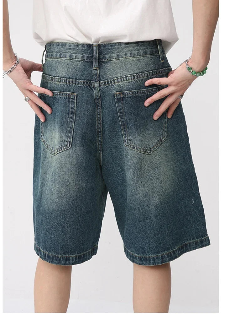 Men Summer Denim Shorts New Korean Loose Vintage Fashion Wash Casual Over Knee Capris Straight Leg Pants