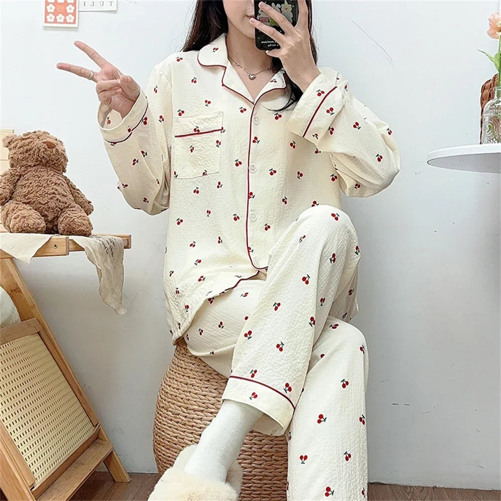 Korean Style Chic Women's Sleepwear Set Extra Soft Peach Lapel Long Sleeve Spring Autumn For Home Use Loose Sleepwear Set