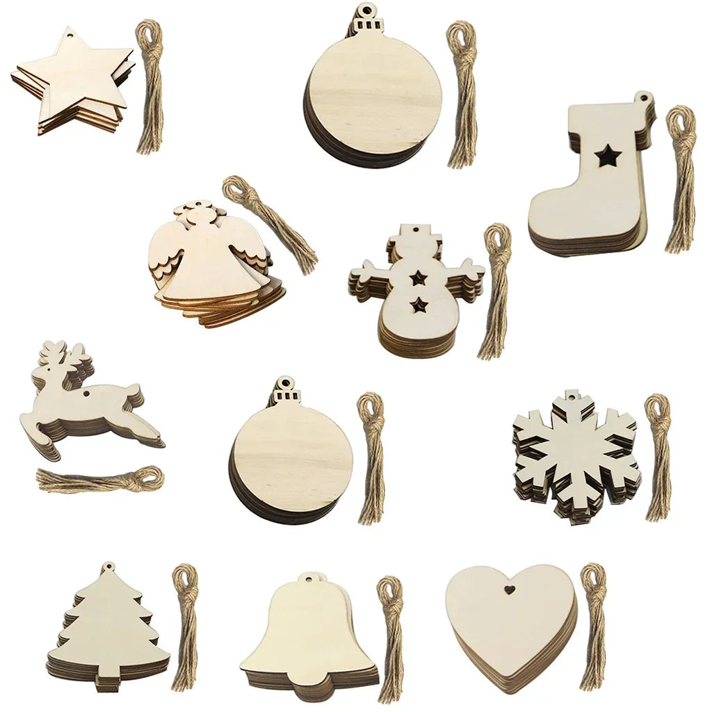 10PCS DIY Wood Christmas Ornament Unfinsihed Wooden Christmas Tree Hanging Decorations for DIY Craft Xms Home Party Decor