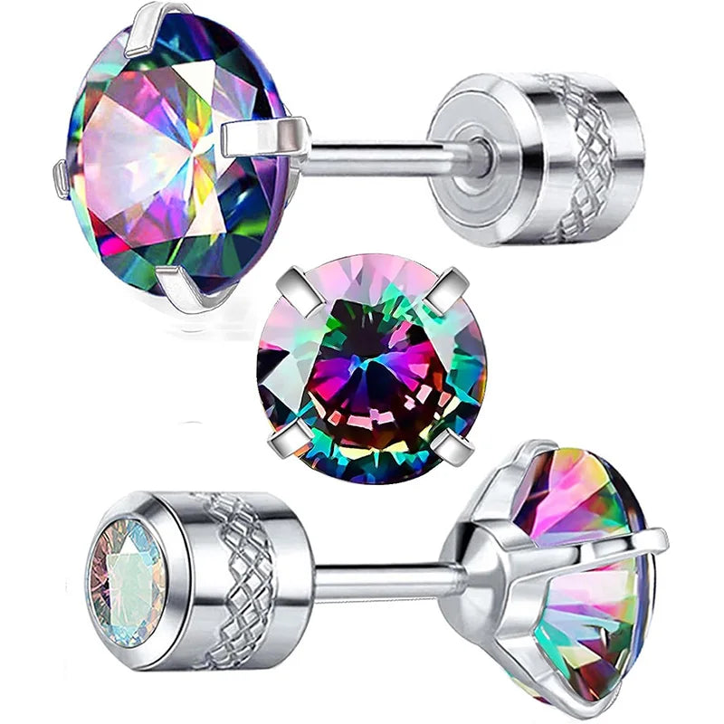 6mm CZ Screw Flat Back Earrings for Women Girls Hypoallergenic for Sensitive Ears New Design Rainbow Cubic Zirconia Stud Earring