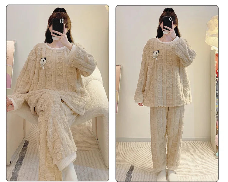 5XL Cartoon Coral Fleece Pajamas Women Plus Size Winter Thickened Student Loungewear Can Be Worn Outside Long Sleeve Sleepwear