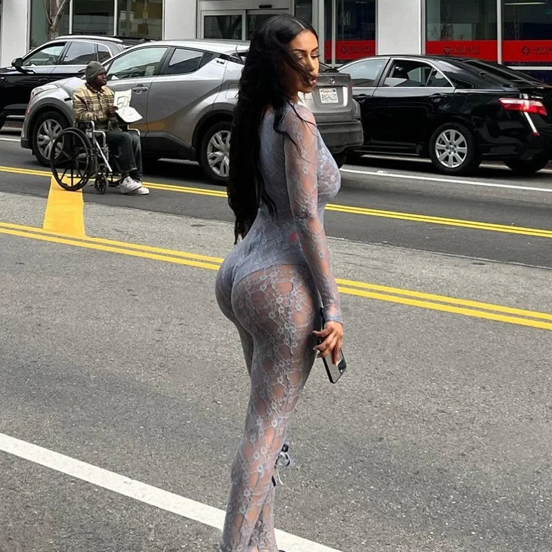 2024 See Through Mesh Sexy Jumpsuit Women Bow Splice Long Sleeve Bodycon One Piece Hot Girl Party Sexy Club Overalls For Woman