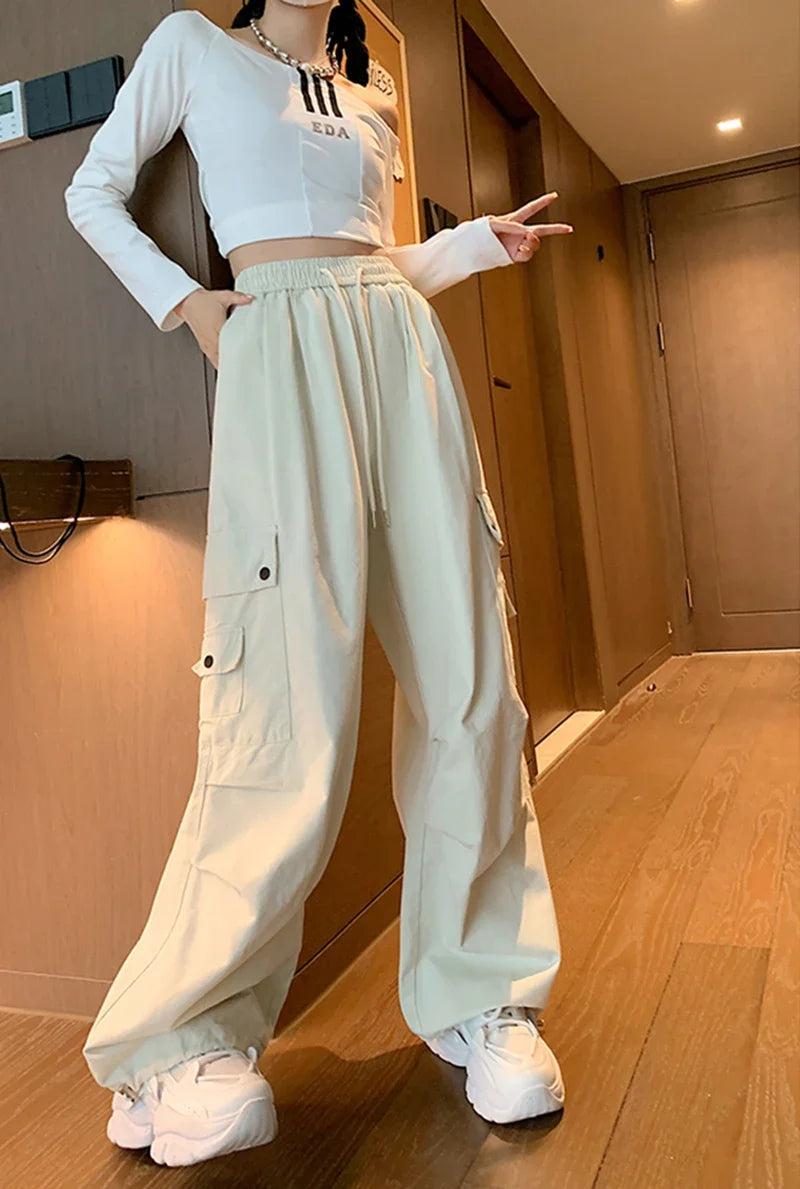 Y2K Cargo Pants Women Harajuku Oversized Sweatpants Black Pockets Wide Leg Joggers Streetwear High Waist Baggy Sports Trousers