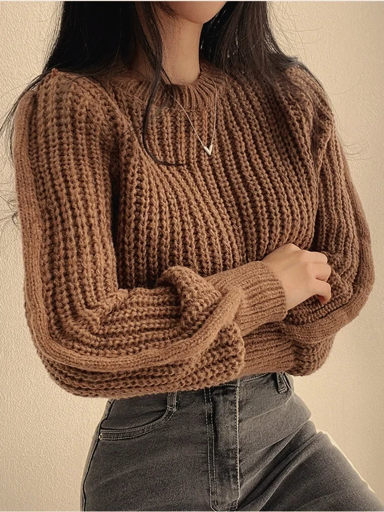 Knitted Sweater Pullovers New Design Cute Sweet Japan Girls Solid O Neck Short Crop Knit Tops 4 Colors 2024 Winter Autumn