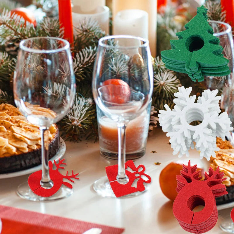 20pcs Christmas Wine Cup Glass Ring Xmas Elk Wine Cup Cards For Christmas Home Decorations Navidad Gifts New Year Party Supplies