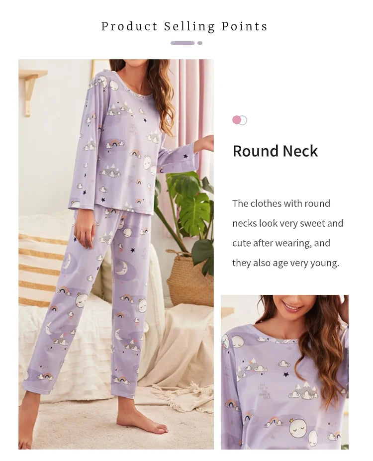 Autumn women's printed pure cotton sleepwear set with round neck long sleeved pants casual  comfortable two piece home suit set