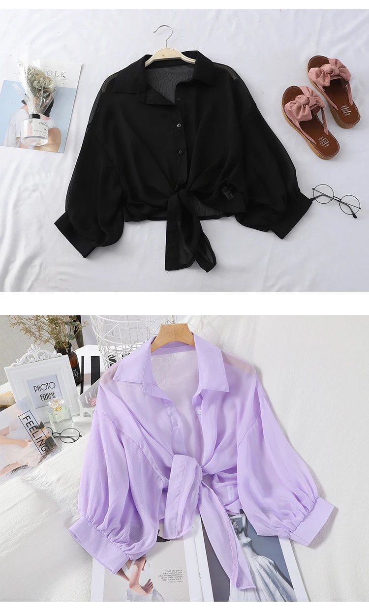 Elegant Solid Color Tied Waist Blouse Casual Loose Hollow Solid Clothes Women Summer Bat Half Sleeve Button Chiffon Shirt 9776