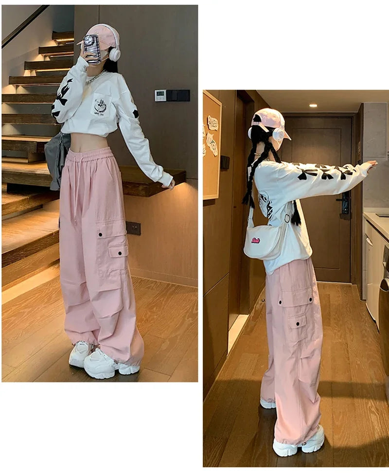 Y2K Cargo Pants Women Harajuku Oversized Sweatpants Black Pockets Wide Leg Joggers Streetwear High Waist Baggy Sports Trousers