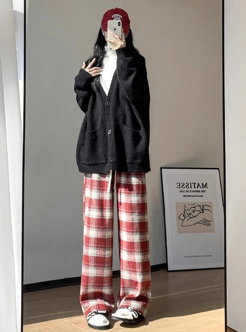 Vintage Plaid Padded Thick Pants Women Fall Winter Warm High-Waisted Casual Straight Wide-Legged Pants Hip-Hop Y2K Trousers