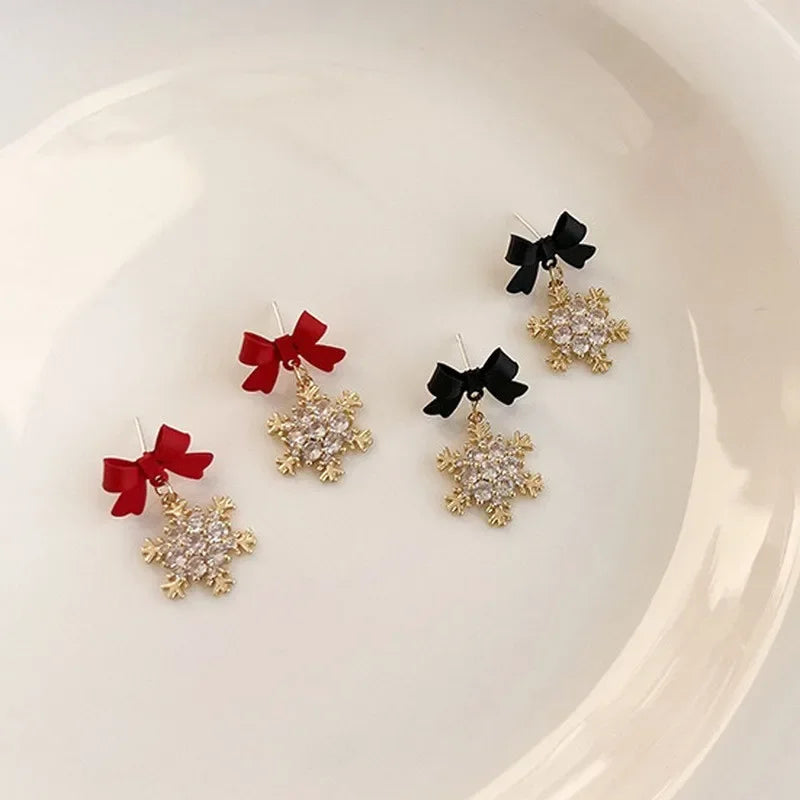 Sweet Bowknots Snowflake Drop Earrings for Women Girls Trendy Elegant Red Black Ear Accessories Jewelry Earring Charm Xmas Gifts