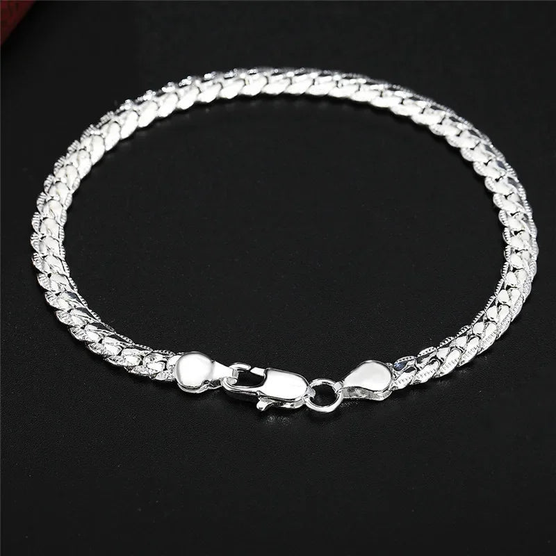 925 Sterling Silver Bracelet 6mm 18/20cm Flat Side Chain Lobster Clasp Bracelet for Woman Man Wedding Engagement Jewelry