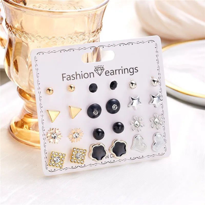 12 Pairs/Set Imitation Pearl Sun Star Flower Bow Heart Zircon Combination Paper Card Stud Earrings Set Fashion Geometric Earring