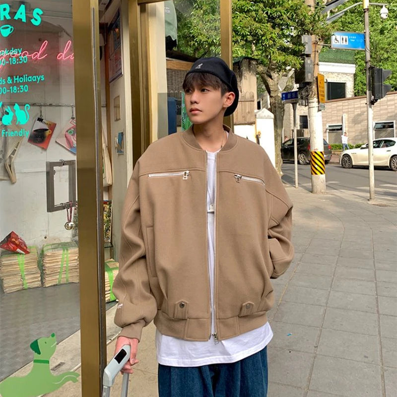 Brown Zipper Woolen Jacket Men's Light Luxury High Street Baseball Uniform Coat 2023 Autumn Winter Oversize Punk O-neck Jacket