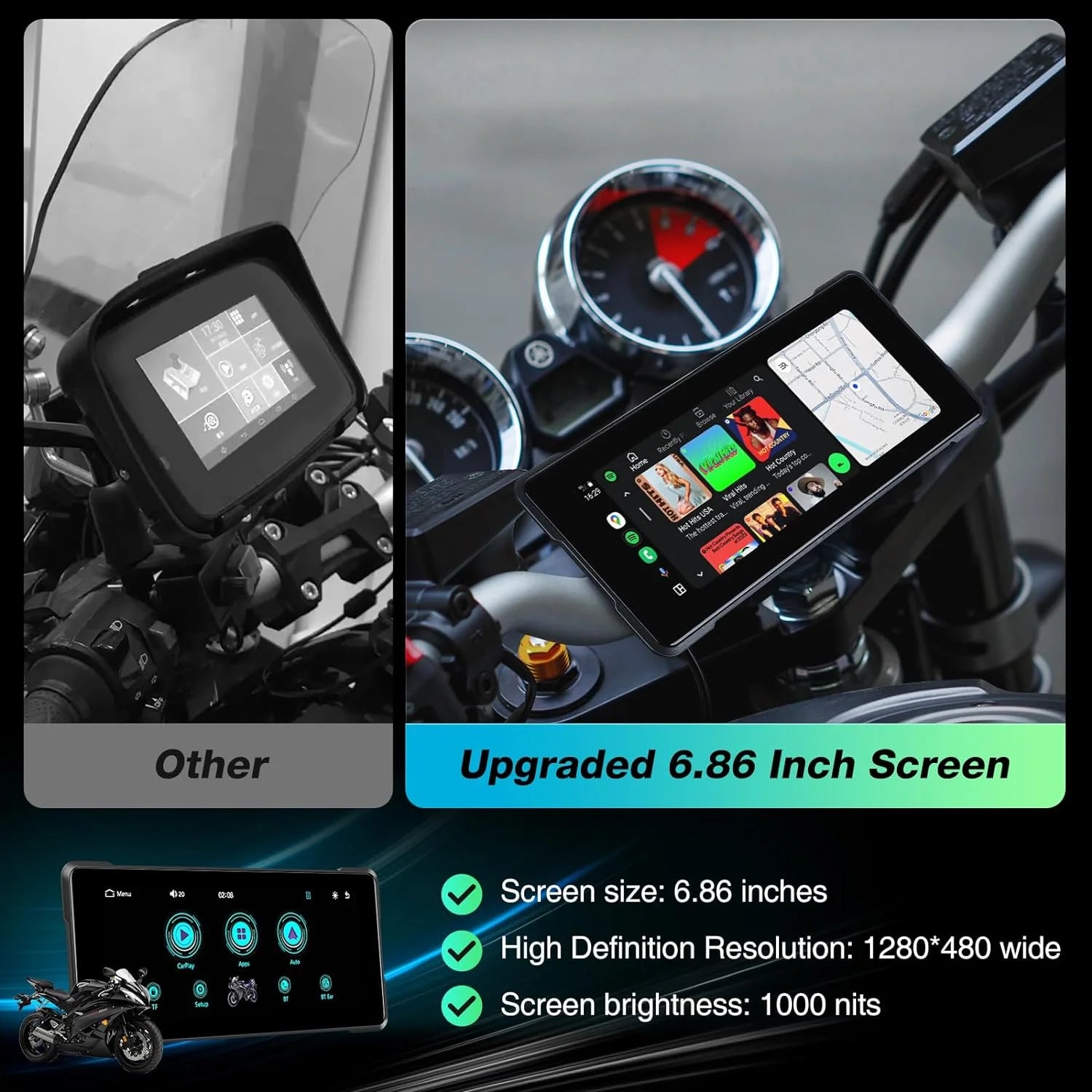 Srnubi 6.86 inch Motorcycle DVR Wireless Carplay Android Auto IP67 Waterproof GPS navigator Dash Cam Moto Dual Bluetooth Camera