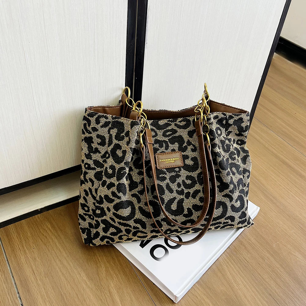 Women Shoulder Bag Leopard Print Canvas Handbag Multi-Pockets Underarm Bag for School Work Shopping