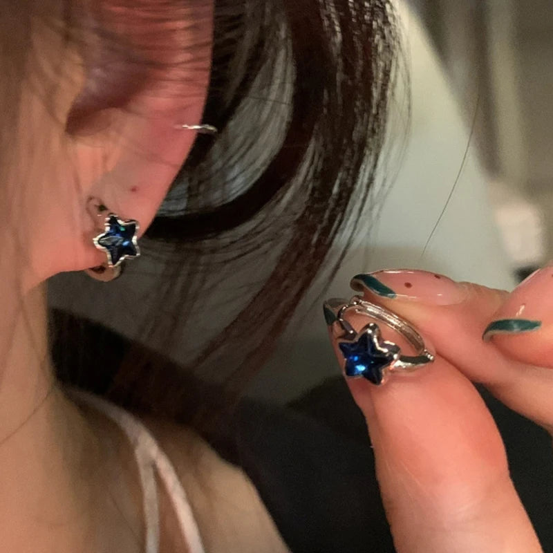 Sweet Cool Harajuku Blue Rhinestone Star Pentagram Hoop Earrings Exquisite Hot Girls Star Ear Rings for Women Korean Jewelry