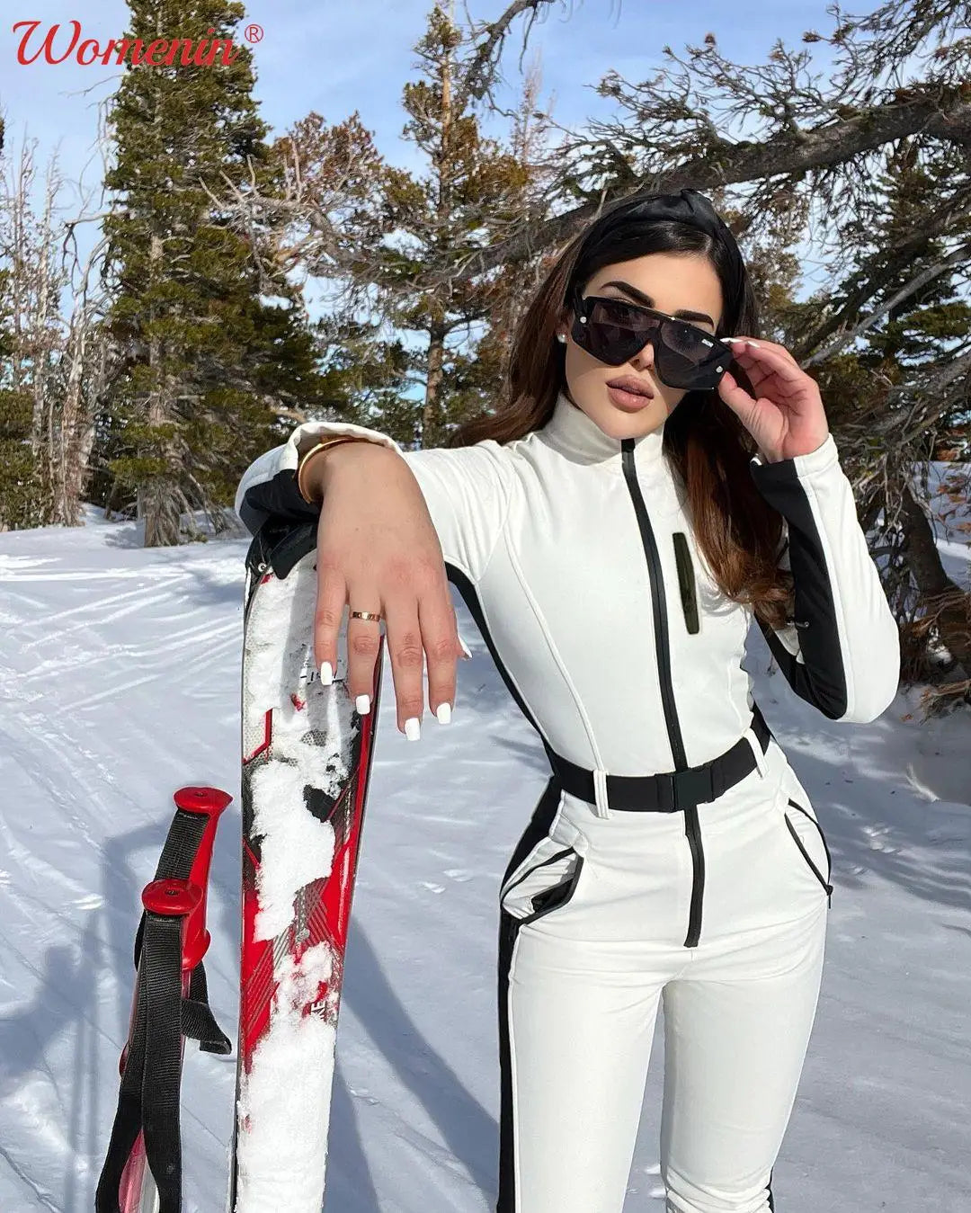 Fashion Patchwork Jumpsuit For Women Winter Slim Long Sleeve Waterproof Zipper Skiing Suit Female Casual High Waist Snow Sets