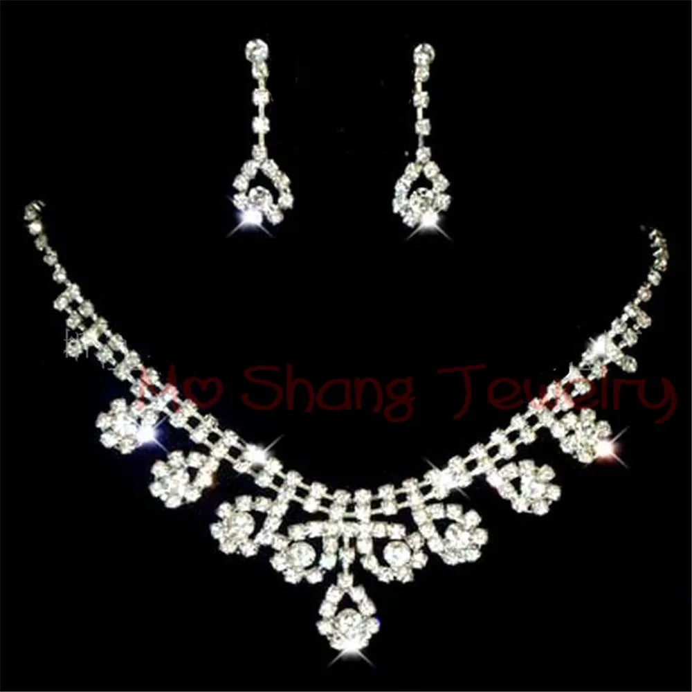 Rhinestone Crystal Silver Color Choker Necklace & Earrings for Women Rhinestone Statement Bridal Wedding Jewelry Sets Wholesale