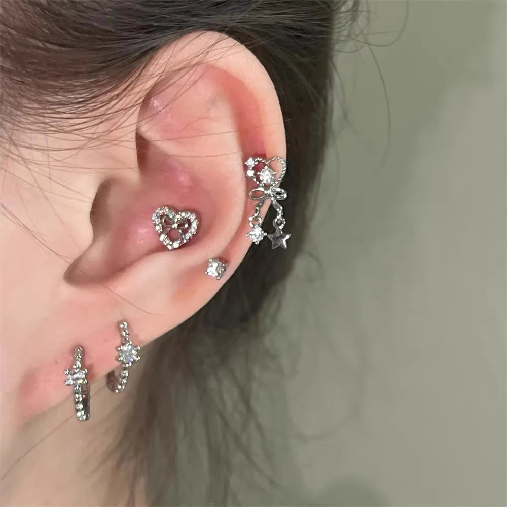 1pcs Quality Love Star Zircon 316L Stainless Steel Ear Bone Nail Y2K Silver Color Earring for Women Cochlear Accessorie